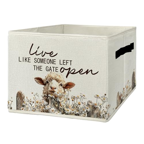 Rustic Sheep Storage Bins & Boxes with Handles, Farmhouse Sheep Foldable Basket for Organizing, Live Like Someone Left the Gate Open Collapsible Storage Basket for Bedroom Bathroom Clothes Toys - color: Sheep
