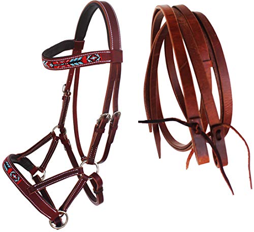 Horse Brown Leather Beaded Bitless Padded Sidepull Bridle w/ Reins 77RS17 - color: Mahogany/Beaded