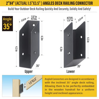 8 Pair(16pack) 35° Stair Stainless Steels Deck Railing Bracket Connectors, for 2x4 (Actually 1 ½" x 3 ½") Wood Deck Railing Post to handrail Connection (Matte Black) - size: Angles 35°