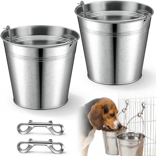 Sieral 2 Pack 3.7 Qt Stainless Steel Sided Bucket with Hook Double Ended Snaps Dog Water Large Food Grade Metal Bucket for Dogs Cats Goat & Livestock Cages Fences Pet Container