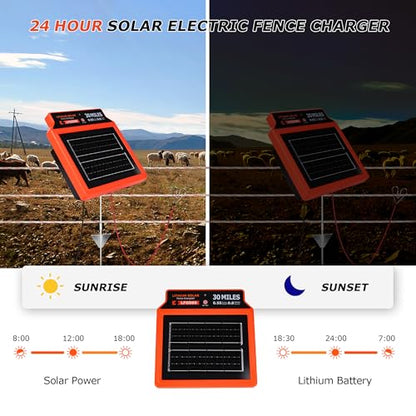 LFGS80 Solar Electric Fence Charger, 50 Miles, 0.8J Portable Solar Powered Charger 24-Hour Uninterrupted Protection, Day or Night Mode for Livestock, Cattle Sheep, Pigs, Horses - size: LFGS80