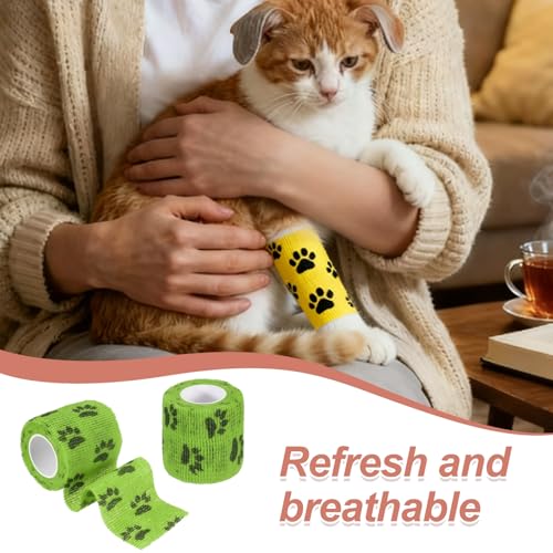 Pet Wrap Bandages, 2 Inch 5 Yard Self Adhesive Bandage Wrap, Pet Non-Woven Tape First Aid Cohesive Gauze, (Grass Green/Paw, 2 Pcs), Intended for Dog/Cat/Bird/Legs/Paws/Wound - color: Grass Green, size: 2 inch