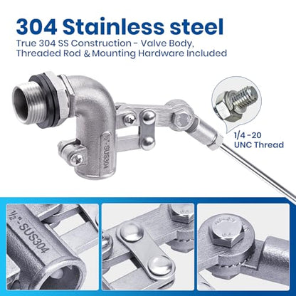 1/2" Stainless Steel Float Valve for Water Tank with 5" Float Ball | 304 Stainless Steel, 5" Float Ball, Adjustable Arm, Leak-Proof Water Level Control - size: 1/2inch