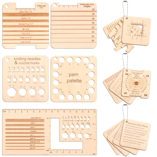 Eersida 15Pcs Wooden Knitting Gauge Set Yarn Tool with Ruler & Chain, Basic | Needle Gauge Measuring Tools, Crafts Knitting Supplies Accessories, Multi-size Holes for Beginner Knitting Crochet Lover