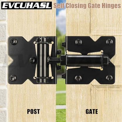 Self Closing Gate Hinges Heavy Duty for Vinyl/Wooden Fence Gates, 90 Degree Adjustable Gate Door Hinges Hardware Kit with Swing Adjuster Tool and Self-Tapping Screws, 2 Pack, Non-Weld Black Finish