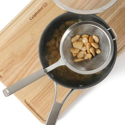 Calphalon Edge Stainless Steel Mesh Strainer with Thermoplastic Rubber Handle, Fine Kitchen Sieve for Draining, Rinsing, Sifting & Food Prep Tasks, Taupe - color: Taupe w/ Rubber Handl (Edge - Strainer)