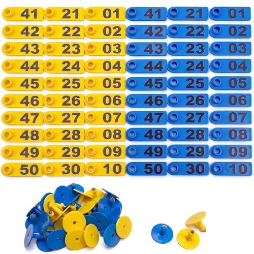 Livestock Ear Tags, 100 Pcs Numbered 01-50 TPU Animal ID Tags for Cattle Sheep Goat Pig, Yellow & Blue Farm Ear Markers (2 x 0.7 Inches, 50 Pcs Each Color)