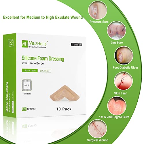 NeuHeils Silicone Foam Dressing with Border 6"x6", 10 Pack for Bed Sores - size: 6''x6'' (Pack of 10)
