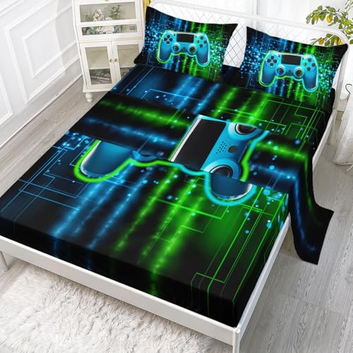 Boys Gamer Sheets Set 4Pcs for Kids,Green Gamepad Printed Sheet Set with 1 Flat Sheet and 1 Fitted Sheet + 2 Pillowcases(Gamepad Twin) - color: Gamepad Black, size: Twin 67x97 inches