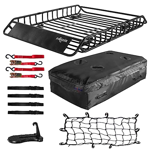 PINGDIR Roof Rack Basket 51" X 36" X 5" Rooftop Rack Cargo Carrier Universal, Waterproof Cargo Bag 44 * 35 * 16", Cargo Net with Attachment Hooks, 2 pcs Ratchet Strap,Roof Pedal - size: 51 inches
