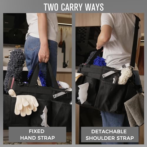 SCAVATA Wearable Cleaning Caddy Organizer with Handle & Shoulder Straps for Housekeepers, Under Sink & Car Cleaning Tool Organizer Bag with 4 Foldable Dividers (Black) - color: Black