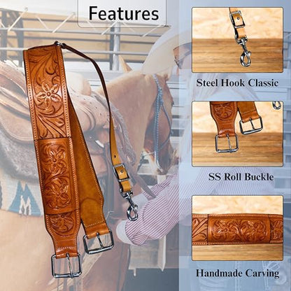 Hulara Western Carved Leather Rear Flank Back Saddle Girth Cinch Belt with Bucking Strap Comfytack |Premium Flank Cinch Belt Leather Horse Girth - color: Tan Flower