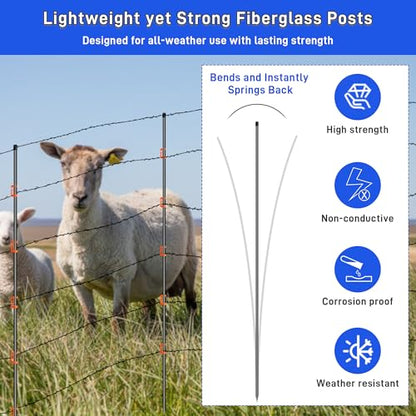 66Inch Fiberglass Electric Fence Posts 40Pcs, Temporary Graden Fence Post with 160 Adjustable Clips, Portable Step in Electric Fence Stakes for Farm, Garden and Horse Goat Sheep Small Animals Fences - size: 66 Inch