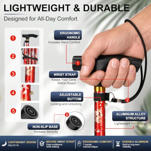 supregear Folding Cane, 5-Level Adjustable Height Walking Stick Lightweight Collapsible Portable Travel Cane with Wrist Strap and T Handle for Elderly Disabled Men Women - color: Red Floral