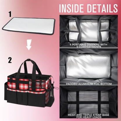 SCAVATA Wearable Cleaning Caddy, Cleaning Caddy Supplies Organizer with Handle & Shoulder Straps for Housekeepers, Under Sink & Car Cleaning Tool Organizers Bag with 4 Foldable Divider (RedPlaid) - color: RedPlaid