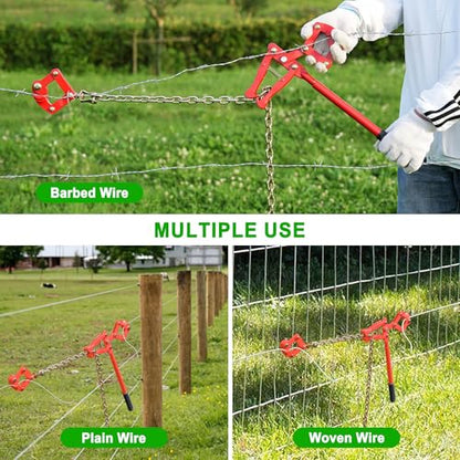 Chain Fence Strainer Plain Barbed Woven Wire Stretcher Tool for Center & End Post Pull, Carbon Steel Fence Tensioner Repair Tool, 47.25" Chain Capacity 2200lbs Farm, Ranch (Red, 1 Pack) - color: Red (1 Pack)