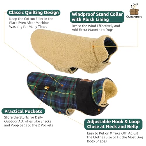 Queenmore Plaid Dog Winter Coat Quilting Warm Cold Weather Puffer Jacket - color: Green Plaid, size: Small
