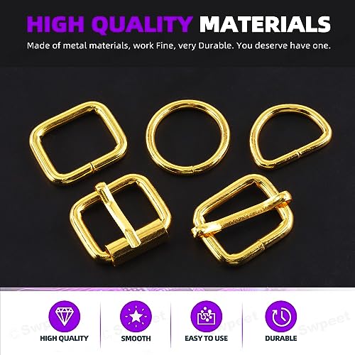 Swpeet 5 Style Metal Buckles - Adjustable Slide, D Ring, Circular Ring - color: Gold, size: 1 Inch