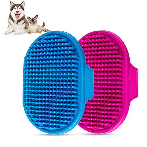 Dog Bath Brush Pet Bath Comb Brush Soothing Massage Rubber Comb 2pcs with Adjustable Ring Handle for Long Short Haired Dogs and Cats (Blue+Rose)