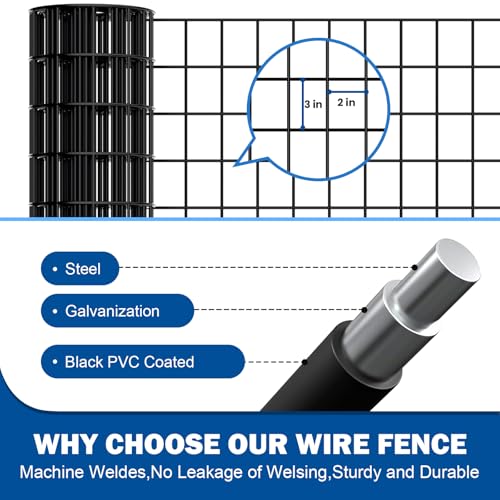 Black Metal Fence，Pet Fence Netting，Black PVC Coated Welded Wire (2×3 Inch Mesh, 48"×50' 16Gauge) - Weatherproof Garden Fence & Animal Enclosure Solution - size: 2x3inch 48inx50ft