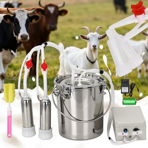 2-in-1 Goats and Cows Milking Machine Upgrade 1.85Gal/7L | Electric Adjustable Vacuum Pulsation Milker, 5200mAh Battery Built-in Rechargeable & Stainless Steel Bucket & 4 Cups (7L) - size: 7L
