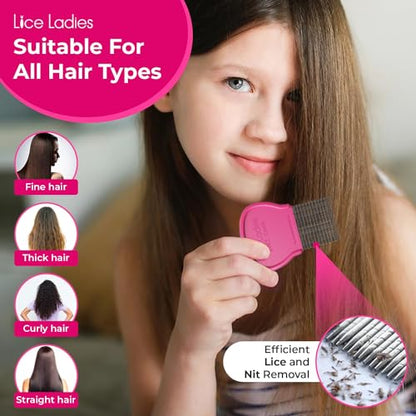 Lice and Nit Comb by Lice Ladies - Efficient Lice and Nit Removal | Lice Comb Safe for All Types of Hair | Stainless Steel Teeth with Non-Slip Handle | Durable and Reusable
