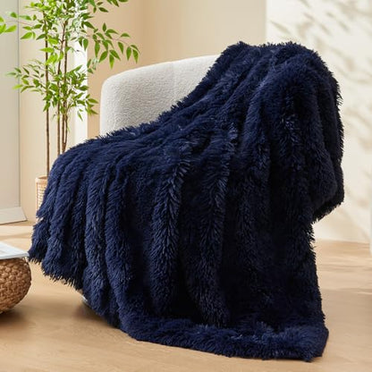 GONAAP Fuzzy Faux Fur Throw Blanket for Couch, Dark Navy, 50"x60" - color: Dark Navy, size: Throw(50"x60")