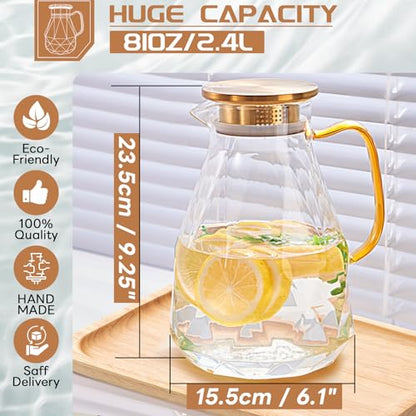Glass Pitcher, 2.4Liter Water Pitcher With Lid | Iced Tea Pitcher for Fridge, Glass Water Carafe With Lid, Glass Water Jug, Large Drink Pitcher For Juice, Milk, Cold Or Hot - size: 2.4 liters