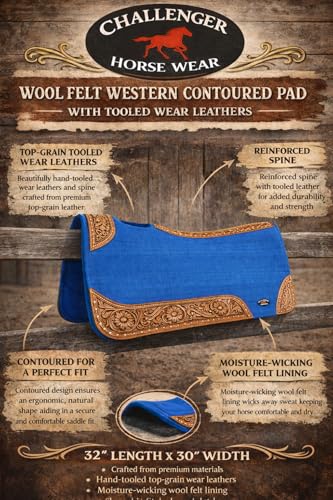CHALLENGER 32x30 Horse Saddle PAD Western Contoured Wool Felt Moisture Wicking Brown 39209 - color: Turquoise Blue, size: 30" Spine x 15" Drop