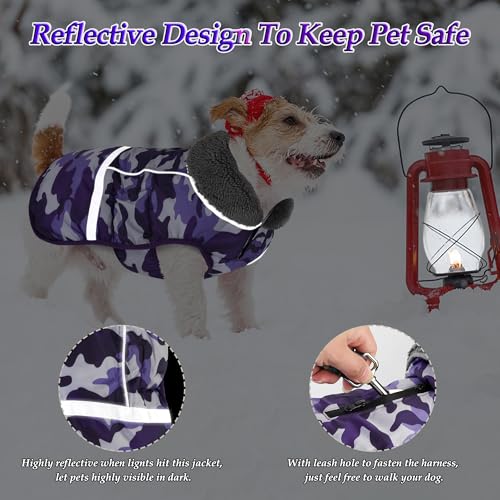 Dogcheer Warm Dog Coat, Waterproof Dog Jacket Christmas Puppy Winter Coat with Buckle, Reflective Adjustable Pet Snow Jacket Turtleneck Fleece Sweater for Small Medium Large Dogs - Camo Purple, S - color: Camo Purple, size: Small