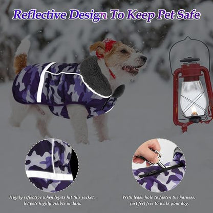 Dogcheer Warm Dog Coat, Waterproof Dog Jacket Christmas Puppy Winter Coat with Buckle, Reflective Adjustable Pet Snow Jacket Turtleneck Fleece Sweater for Small Medium Large Dogs - Camo Purple, S - color: Camo Purple, size: Small