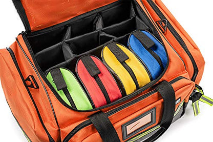 Scherber Fully-Stocked First Responder Professional Advanced EMT/EMS Trauma Kit | HSA/FSA Approved | Reflective Bag w/10+ Compartments, Zippered Pockets & 250+ First Aid Supplies (Orange) - color: Orange