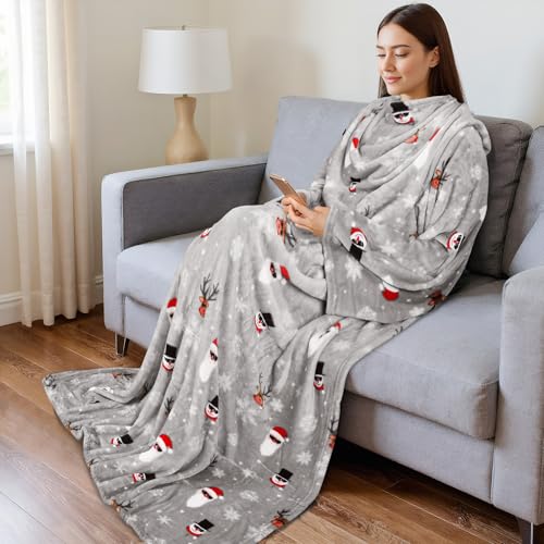Catalonia Wearable Blanket with Sleeves for Women & Men, Fleece Wrap Throw - color: Santa and Deer Grey