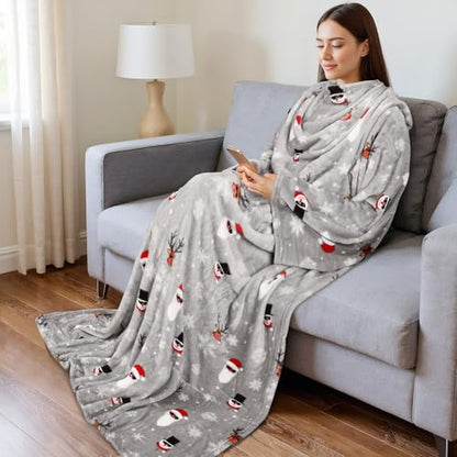 Catalonia Wearable Blanket with Sleeves for Women & Men, Fleece Wrap Throw - color: Santa and Deer Grey