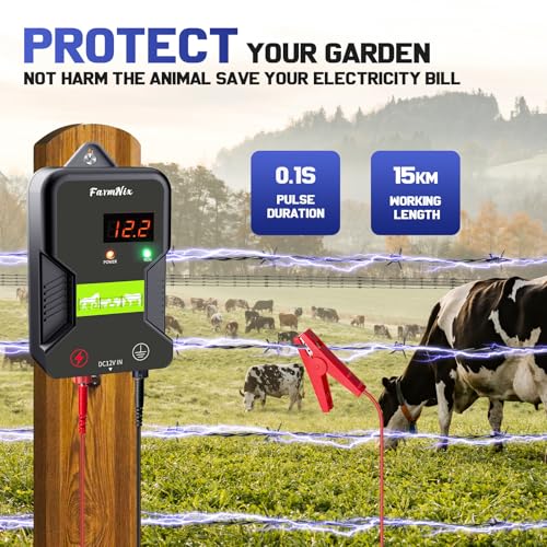 12KV Electric Fence Charger with LED Indicator, 2 Joules Pulse Energy, 10 Miles Range, Prevents Wild Animals Intrusion for Livestock Poultry, Farm Animals, Pets, Ranches, Gardens - color: Grey