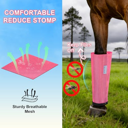 Fly Boots for Horses Set of 4, Loose Fitting Mesh Horse Fly Boots Leggings, Reduce-Stomping Adjustable Equine Leg Wraps & Socks, Stay Up Not Sag, No Rub (Magenta) - color: Magenta