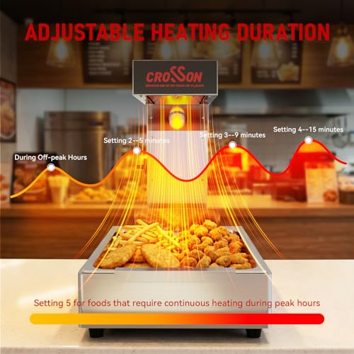 CROSSON French Fry Food Warmer, Commercial French Fry Heat Lamp Electric Stainless Steel Fries Dump Station Countertop 5-Level Adjustable Heating Duration for Food Truck Restaurant Parties 600W