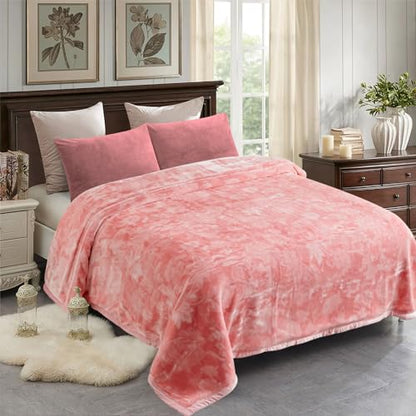 JML Raschel Fleece Heavy Blanket King, 87" x 94", Flowers Branches Pink | Korean Style, 2 Ply, A&B Printed, Embossed, Silky Soft, Cozy ,Thick, Warm for Winter - color: Flowers Branches Pink