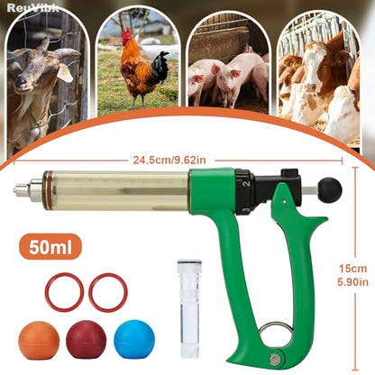 50ml Semi-Auto Repeating Livestock Syringe Gun, 5 Dose Settings - color: Green50ML