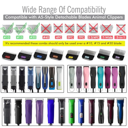 8 Pieces Professional A5 Style Animal Clipper Stainless Steel Color-Coded Snap-on Attachment Guard Guide Combs Set, 1/8"-1" Compatible with Wahl KM Series Oster A5 Andis Detachable Blade Pet Groomers