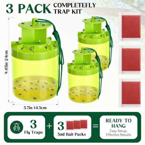 3 Pack Fly Traps with 3 Bait Refills Large Capacity Fly Hunter