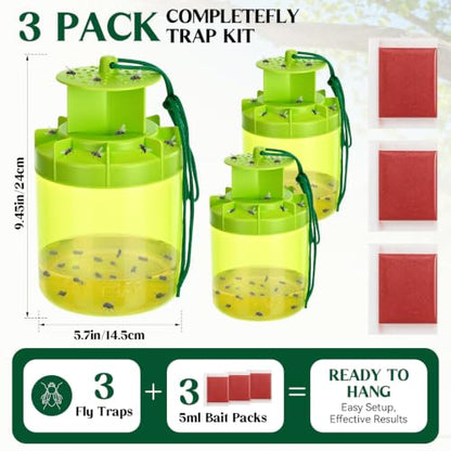 3 Pack Fly Traps with 3 Bait Refills Large Capacity Fly Hunter
