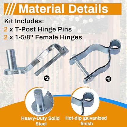 2-Pack T-Post Gate Hinge Kit for Chain Link Fence,1-5/8" Female Hinge Pins | Galvanized Steel, 200+° Swing with Hardware, Easy Installation Suitable for Farm Gates,Ggarden Fences