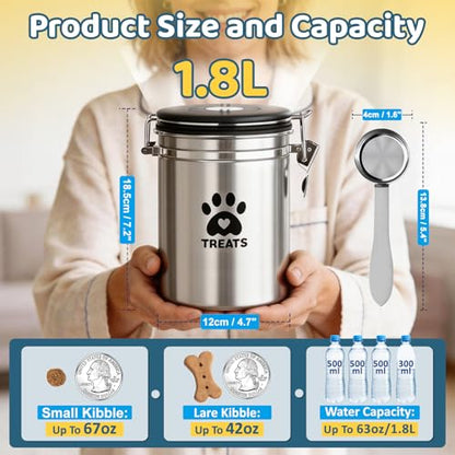 ENONCI Airtight Dog Treat Canister, 304 Stainless Steel Food Storage Jar with Date Dial Silver-1.8L - color: Silver, size: 1.8l