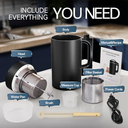 304 Stainless Steel Almond Milk Maker Machine (Built-in Filter) 50oz 6-7 Cups Per Batch, 8-IN-1 Cooking Blender Make Plant Based Nut Milk, Soy Oat Milk, Soup & Juice, Automatic Cleaning (Black)