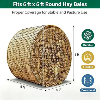 6x6 ft Round Bale Hay Net for Horses & Livestock, Knotless Slow Feeder Hay Nets with 2 Inch Holes, Includes Repair Tool - size: 6x6 FT