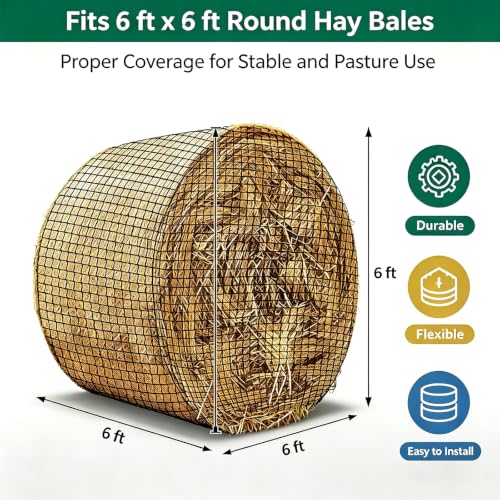 6x6 ft Round Bale Hay Net for Horses & Livestock, Knotless Slow Feeder Hay Nets with 2 Inch Holes, Includes Repair Tool - size: 6x6 FT