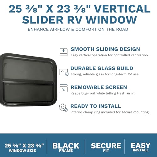 RV Window 24" x 22" - Vertical Slider with Screen & Trim Ring fits 2" Wall Thickness - Replacement for Campers, Trailers (23 3/4" x 21 3/4" Cut-Out)