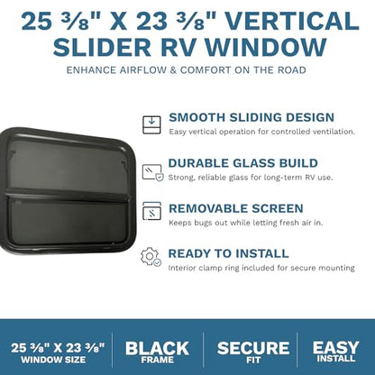 RV Window 24" x 22" - Vertical Slider with Screen & Trim Ring fits 2" Wall Thickness - Replacement for Campers, Trailers (23 3/4" x 21 3/4" Cut-Out)