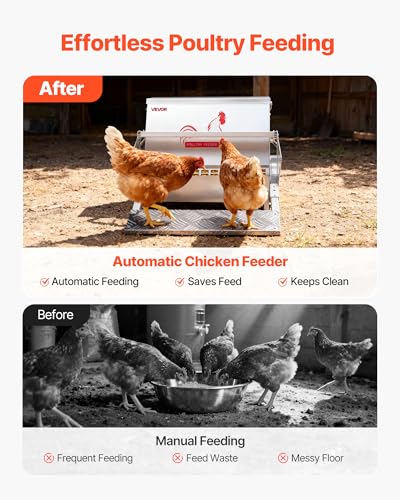 VEVOR Automatic Chicken Feeder, 25 lbs Capacity, Rainproof Treadle Poultry Feeder with Lockable Lid, No Waste, Galvanized Steel Construction, Outdoor Use, for Chicken, Bantams, Poultry, Pheasants
